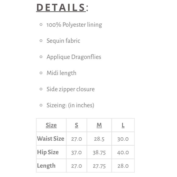 Dragon Fly Applique Silver Sequin Metallic Shimmer Midi Skirt Whimsical Y2K-M - Picture 11 of 11